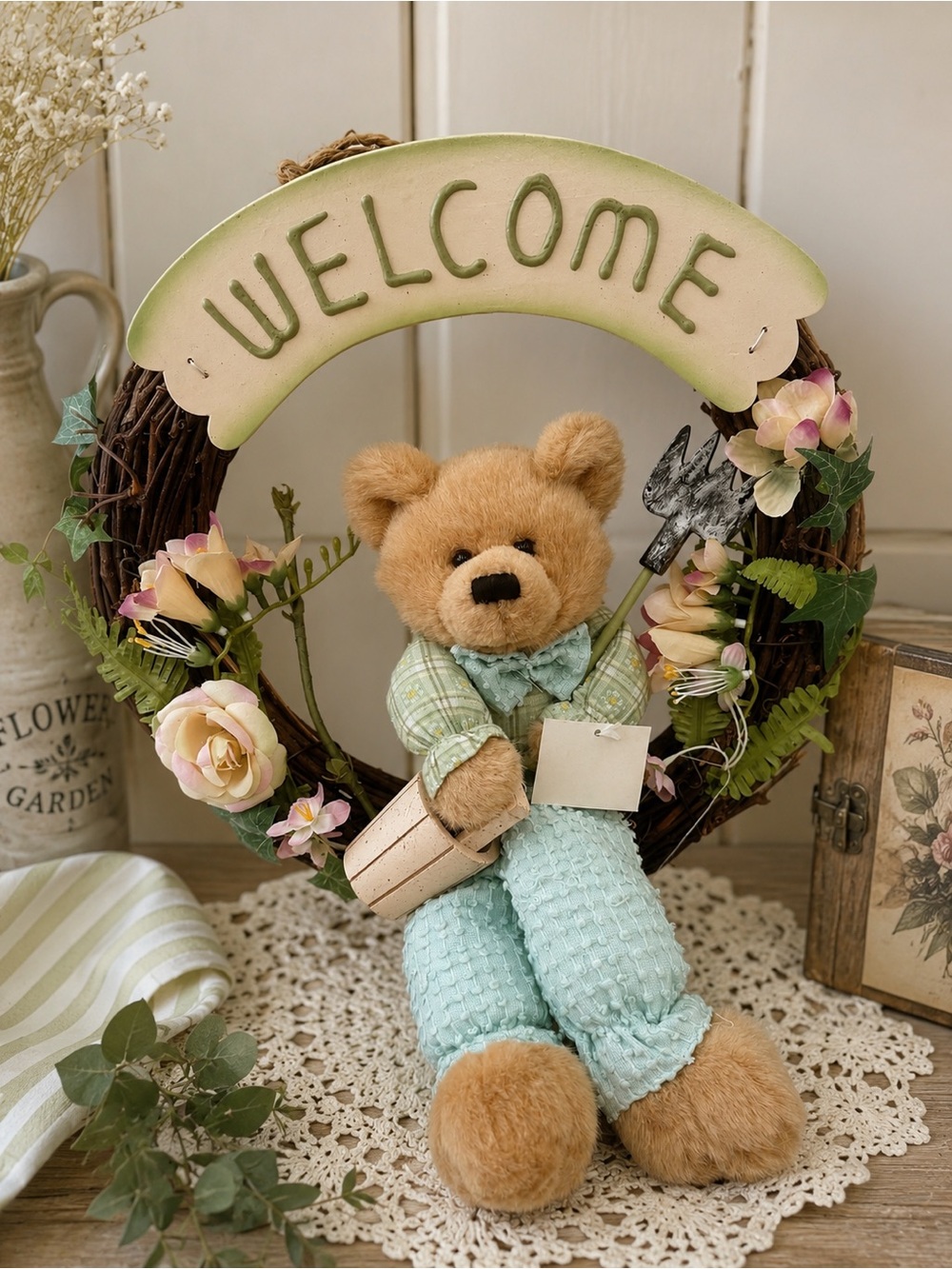 Welcome Bear Wreath cottage core Pastel Green & Cream